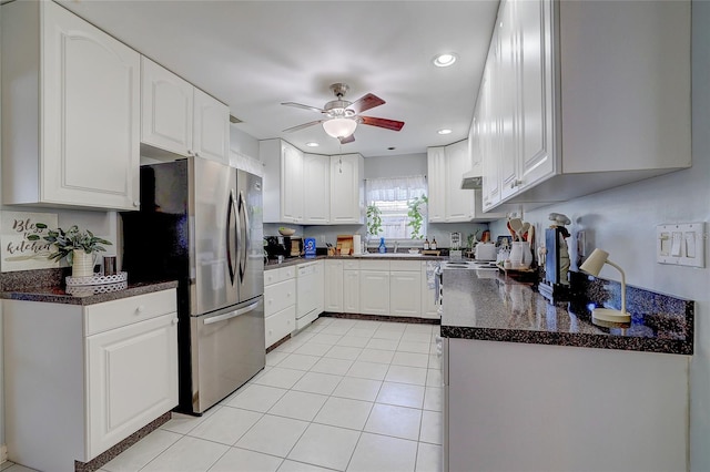 kitchen with white cabinets, white appliances, a ceiling fan, recessed lighting, and light tile patterned floors
