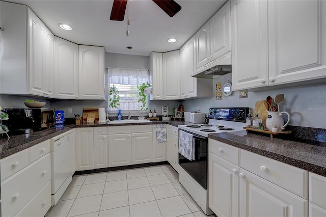 kitchen with ceiling fan, a sink, dishwasher, under cabinet range hood, and range with electric stovetop