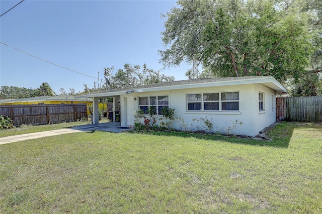 ranch-style home with a fenced backyard, stucco siding, and a front yard