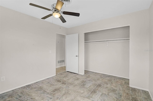 unfurnished bedroom with a ceiling fan, baseboards, visible vents, and a closet