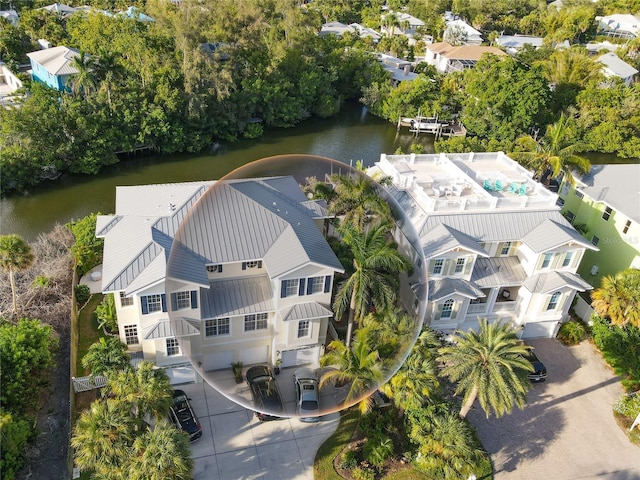 drone / aerial view featuring a water view