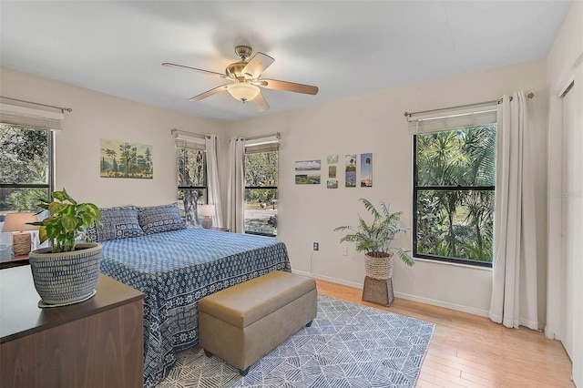 bedroom featuring a ceiling fan, light wood-type flooring, multiple windows, and baseboards