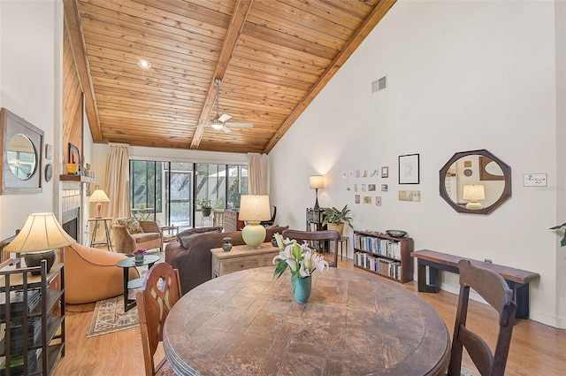 dining space featuring wood ceiling, high vaulted ceiling, visible vents, and light wood-style floors