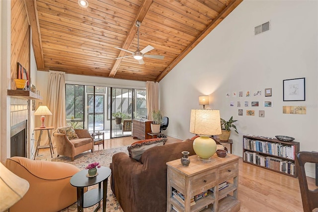 living room with high vaulted ceiling, wood finished floors, wood ceiling, visible vents, and a tiled fireplace