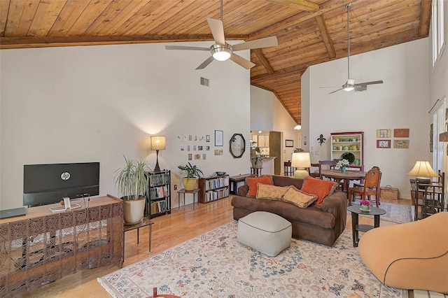 living area featuring high vaulted ceiling, wood finished floors, wood ceiling, visible vents, and beam ceiling