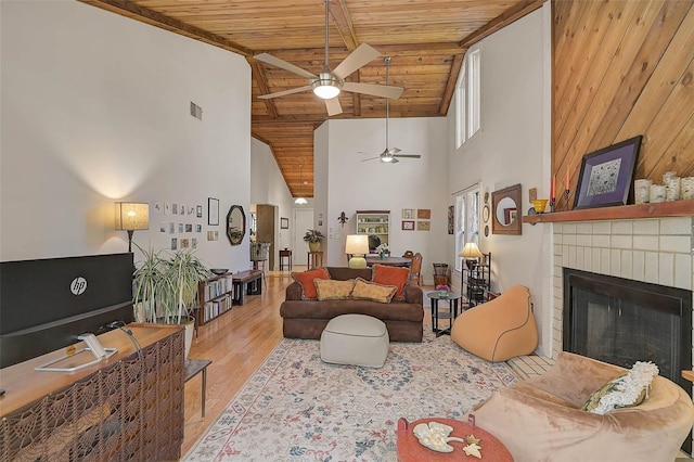 living area with high vaulted ceiling, wooden ceiling, a fireplace, wood finished floors, and visible vents