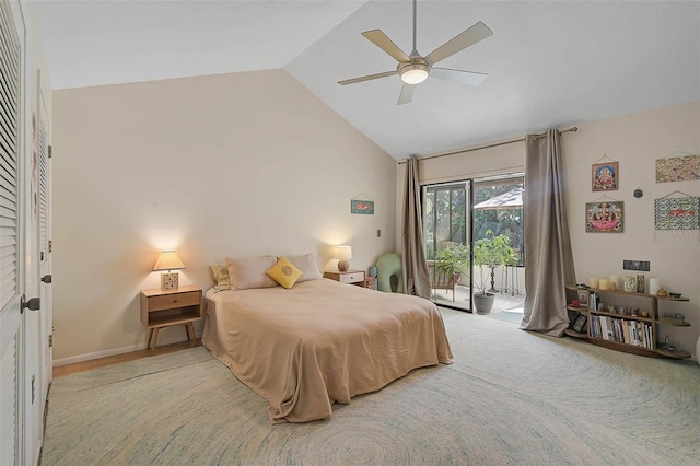 bedroom with lofted ceiling, access to outside, baseboards, and a ceiling fan