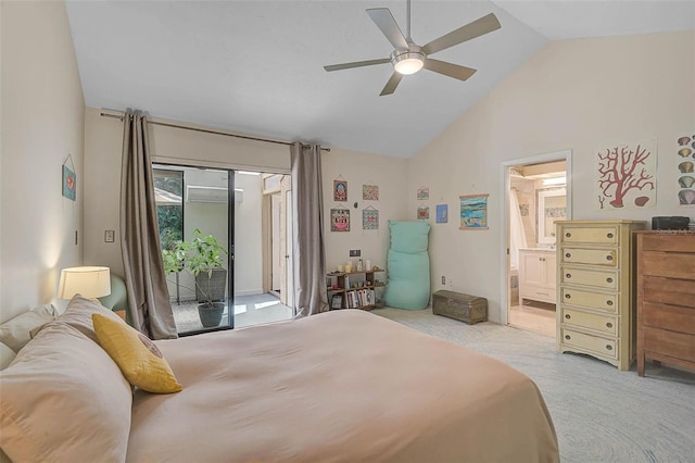 bedroom with light carpet, access to outside, vaulted ceiling, and connected bathroom