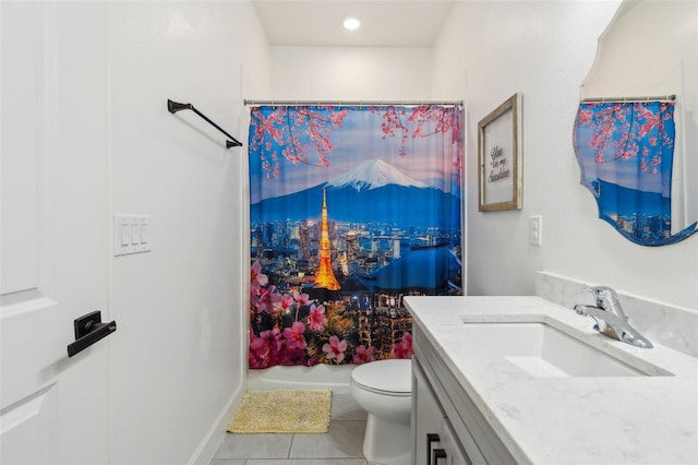 full bath with toilet, vanity, a shower with shower curtain, and tile patterned floors