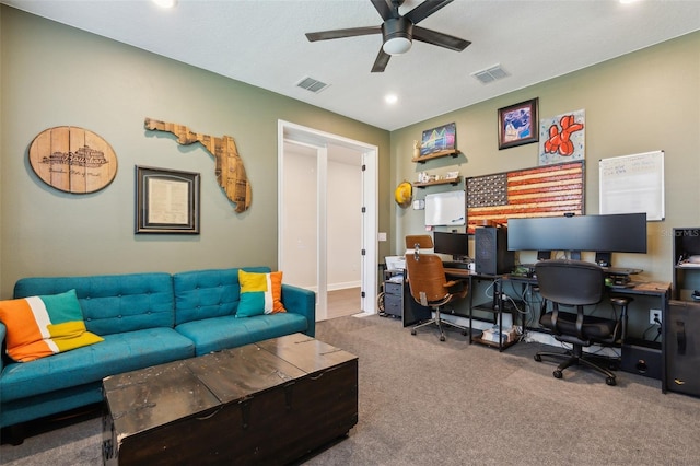 carpeted home office featuring baseboards, recessed lighting, visible vents, and a ceiling fan