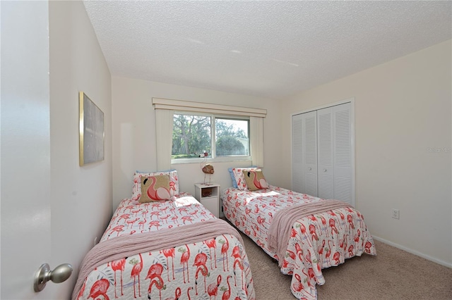 bedroom with carpet floors, a textured ceiling, baseboards, and a closet