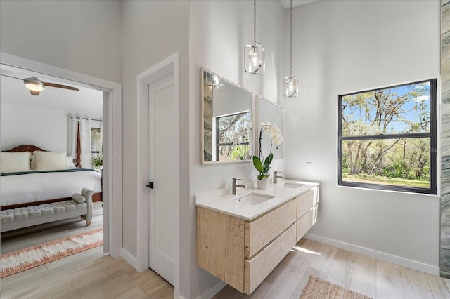 ensuite bathroom with wood finished floors, ensuite bath, and a sink