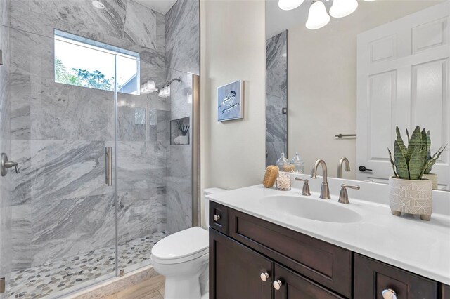 full bathroom featuring a shower stall, toilet, and vanity