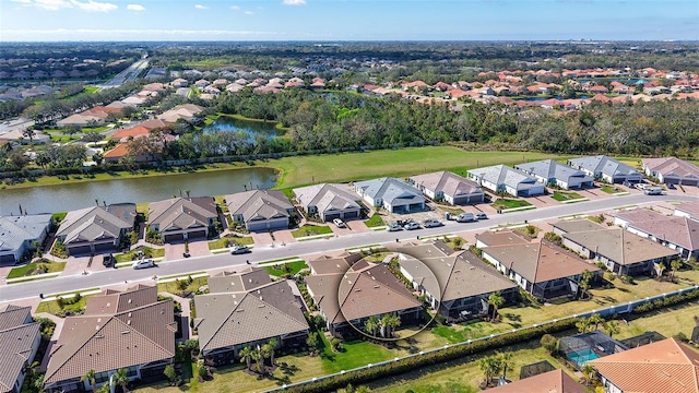 birds eye view of property with a water view and a residential view