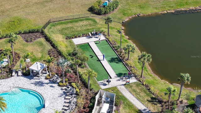 drone / aerial view with a water view