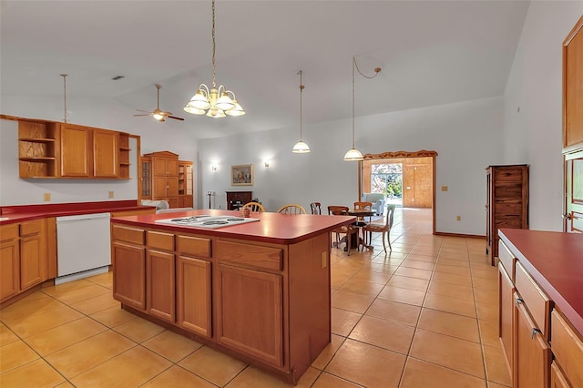 kitchen with open shelves, a kitchen island, white appliances, light tile patterned floors, and hanging light fixtures