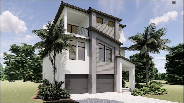 view of home's exterior with a garage, gravel driveway, and stucco siding