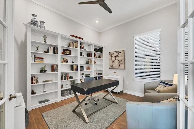 home office with recessed lighting, a ceiling fan, baseboards, ornamental molding, and dark wood finished floors