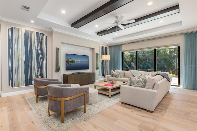 living area with light wood-style floors, visible vents, beam ceiling, and recessed lighting