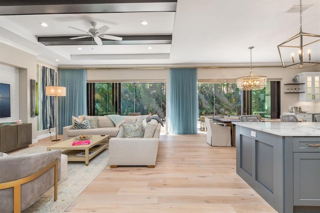 interior space featuring beam ceiling, recessed lighting, visible vents, light wood-style floors, and ceiling fan with notable chandelier