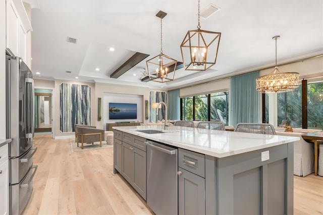 kitchen with open floor plan, appliances with stainless steel finishes, a sink, and gray cabinetry