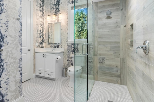 bathroom featuring toilet, a shower stall, tile patterned flooring, and vanity