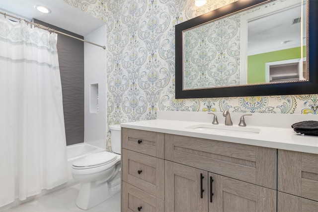 bathroom featuring wallpapered walls, visible vents, toilet, shower / bathtub combination with curtain, and vanity