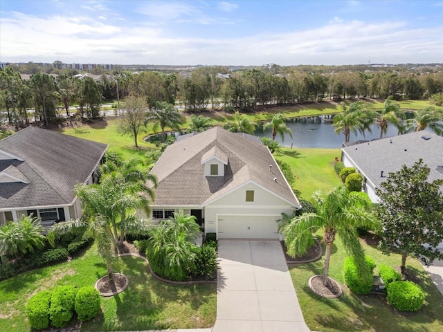 drone / aerial view featuring a water view