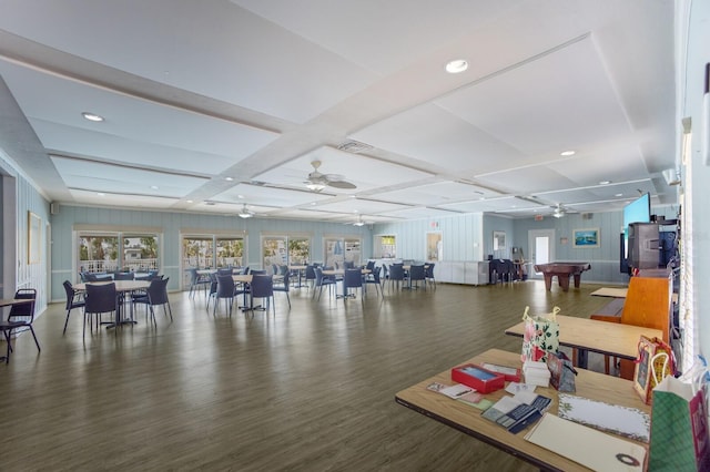 interior space with ceiling fan, coffered ceiling, wood finished floors, and recessed lighting