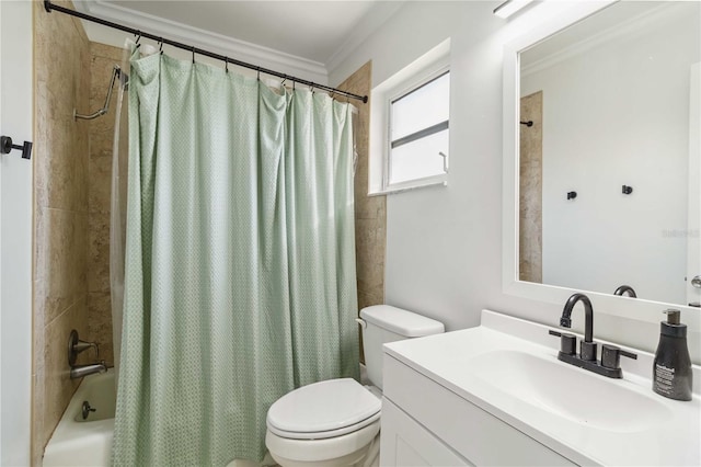 bathroom with vanity, shower / tub combo, toilet, and ornamental molding