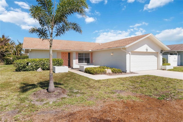 single story home featuring fence, a front yard, stucco siding, driveway, and an attached garage