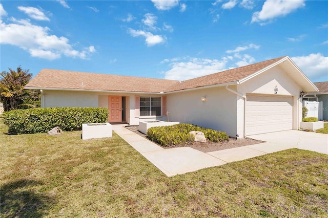 single story home with stucco siding, driveway, a front yard, and an attached garage