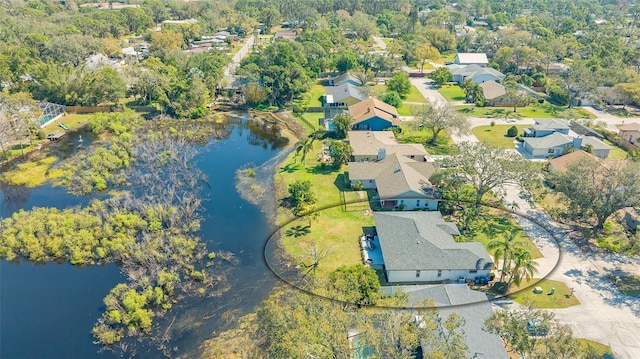 aerial view featuring a water view and a residential view