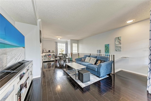 living area featuring baseboards, dark wood finished floors, and a textured ceiling