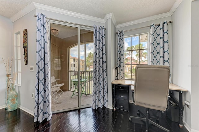 office featuring ornamental molding and dark wood finished floors