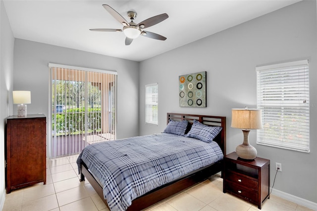 bedroom featuring tile patterned flooring, access to outside, baseboards, and ceiling fan