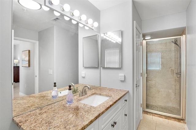 full bathroom featuring tile patterned floors, visible vents, a shower stall, and vanity