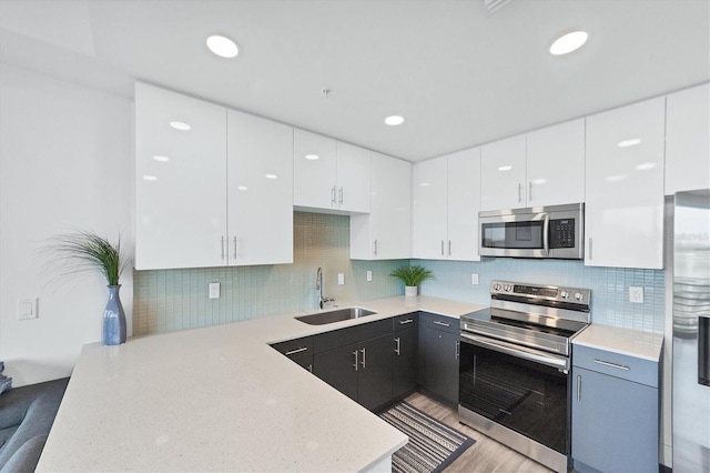 kitchen featuring light wood finished floors, tasteful backsplash, appliances with stainless steel finishes, white cabinetry, and a sink