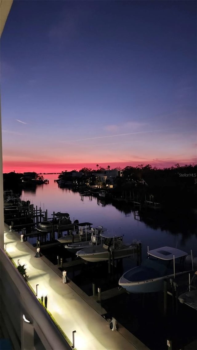 property view of water with a dock