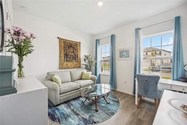 living area featuring baseboards and wood finished floors