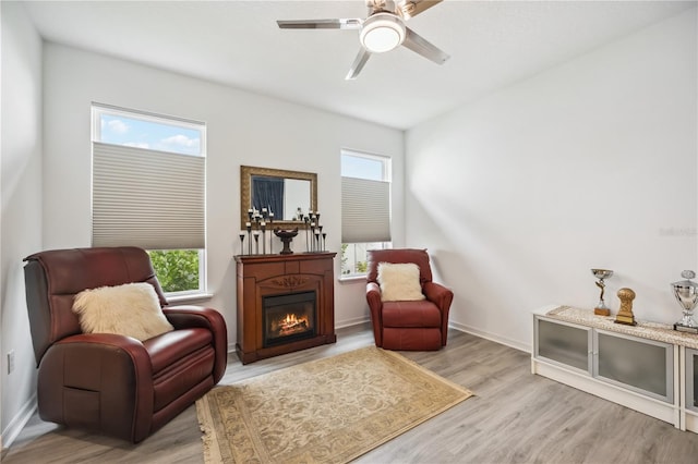 living area featuring a glass covered fireplace, baseboards, plenty of natural light, and light wood finished floors