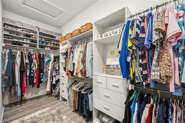 walk in closet featuring attic access and wood finished floors