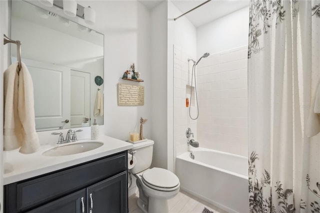 full bathroom with shower / bath combo with shower curtain, vanity, and toilet