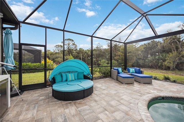 view of patio / terrace featuring glass enclosure and an outdoor living space