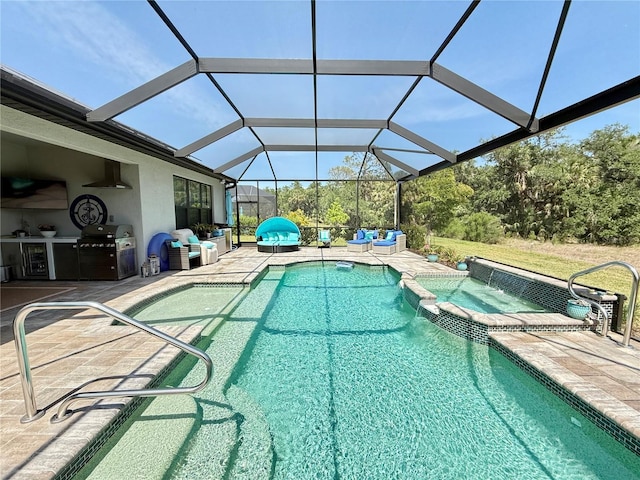 10179 Milky Way Cir, Sarasota, FL 34241 - view of swimming pool with a pool with connected hot tub, glass enclosure, a patio, outdoor lounge area, and a grill