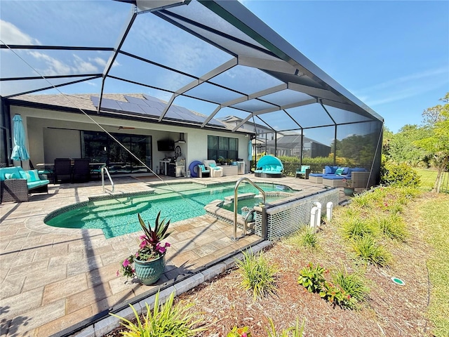 10179 Milky Way Cir, Sarasota, FL 34241 - view of swimming pool with an outdoor hangout area, a patio area, a lanai, and a pool with connected hot tub