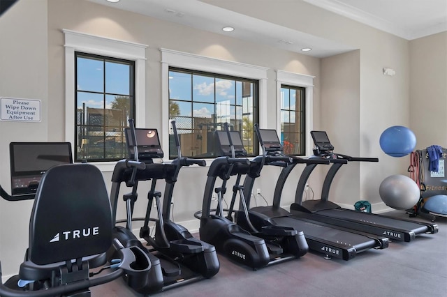 workout area with a wealth of natural light, crown molding, and baseboards