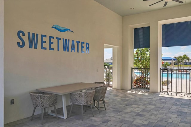 view of patio / terrace with a community pool and a ceiling fan