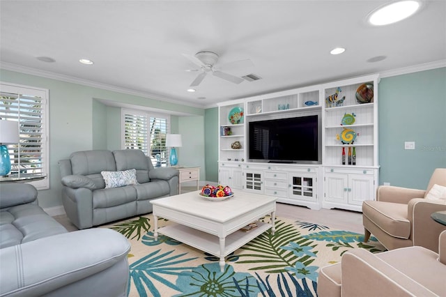 living area with visible vents, recessed lighting, ceiling fan, and ornamental molding