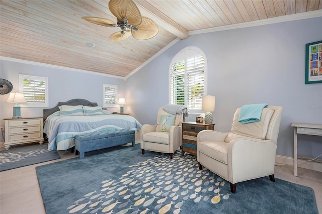 bedroom with multiple windows, wood ceiling, and ornamental molding